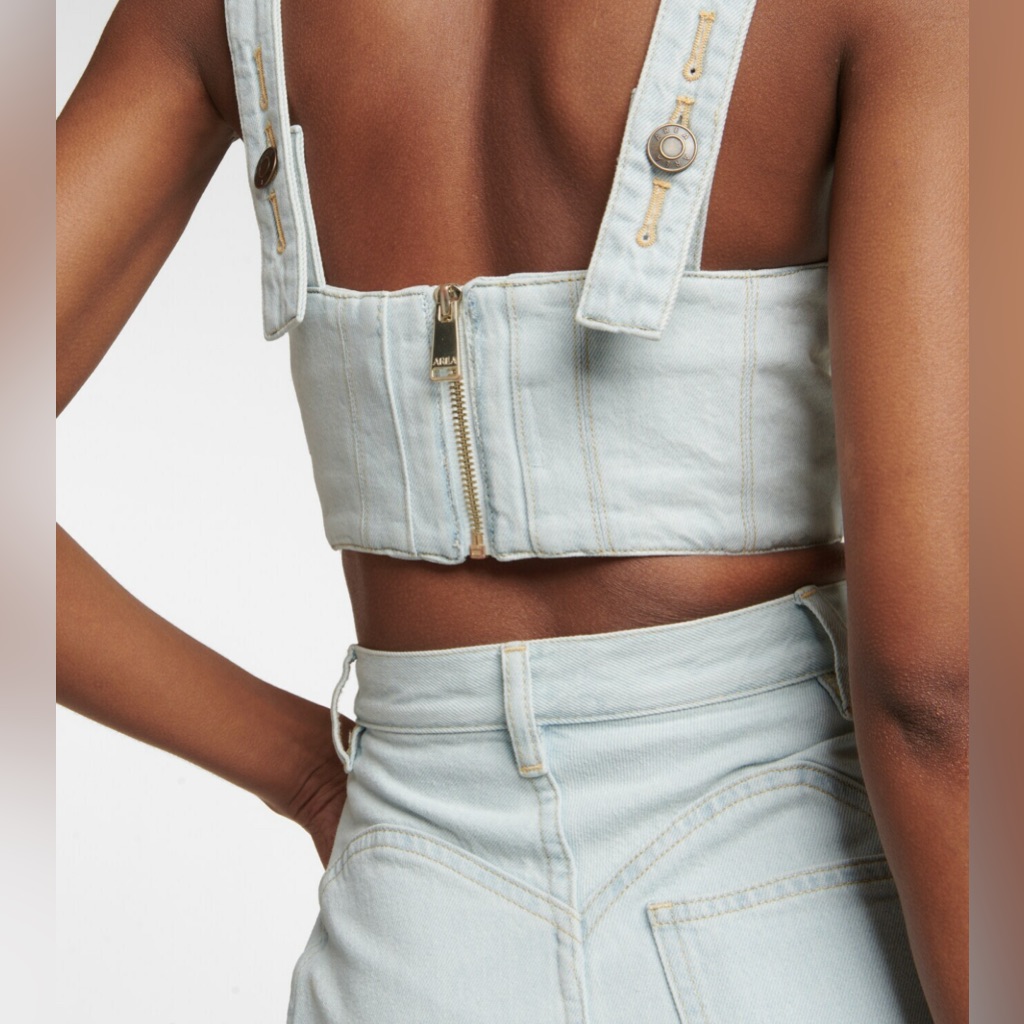 Area - Crystal-Embellished Denim Crop Top, Size 16, $695 — image 3 of 8